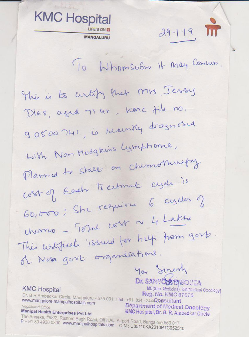 Help Jessy Dais (71) of Mangalore for her Hodgkin Lymphoma Chemotherapy as they are financially inferior. They have requested for monetary help through the Grace Ministry Charity Help Platform.   